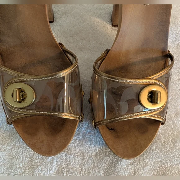Coach Cagney Clear Bronze Gold Wooden Sz.7.5 Platform Slip-On Heels - Picture 4 of 13